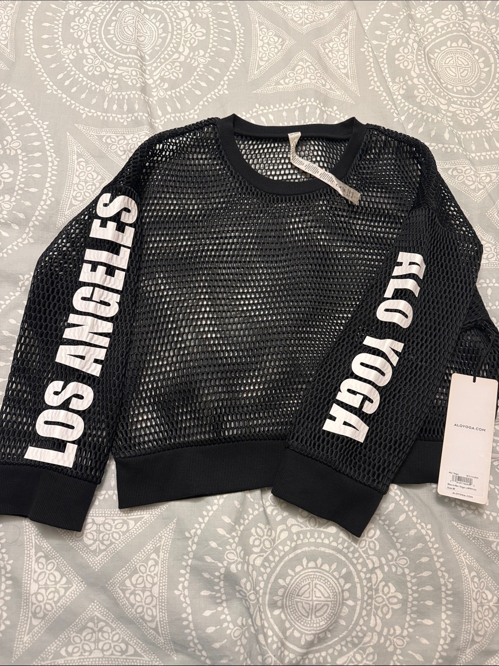 ALO Yoga Black Mesh Crewneck Pullover with White Sleeve Text